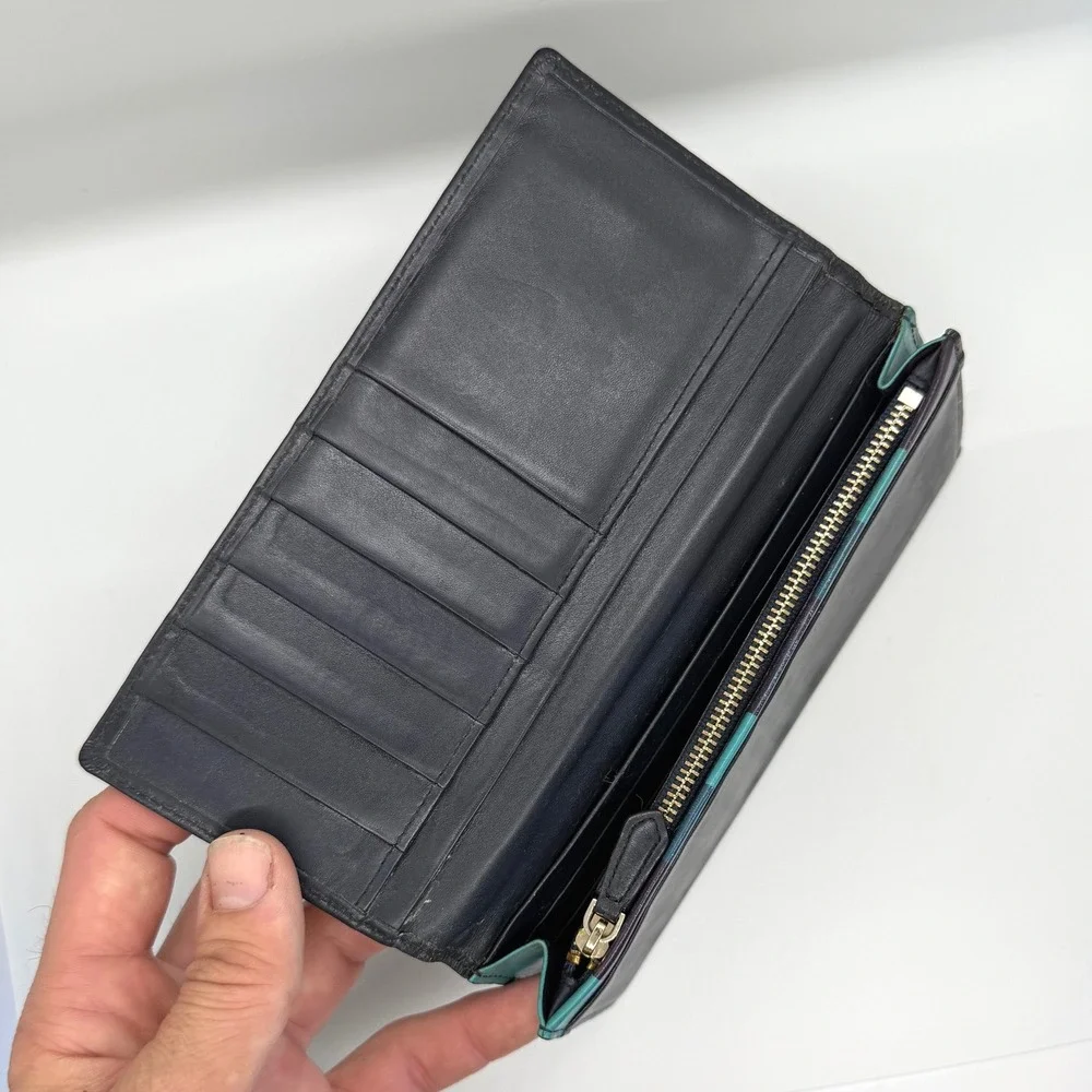 Paul Smith Black Leather Continental Wallet Long Bifold Zip Pocket Striped‎ Trim
